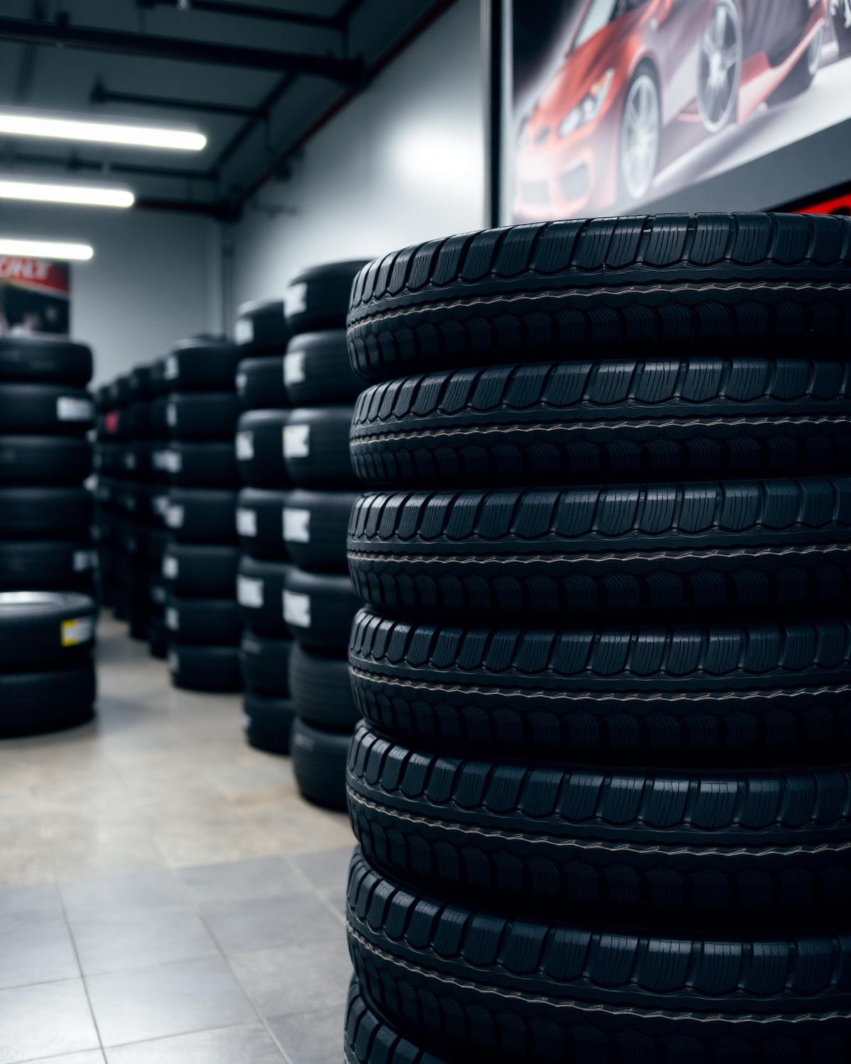 Stack of premium tires in the shop